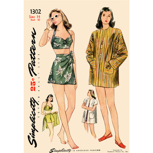 Symønster Simplicity 8932 - Frakke Badetøj Top Nederdel Vintage Shorts - Dame - Svømme | Billede 1