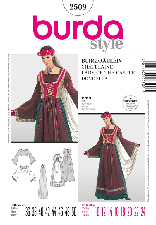 Symønster Burda 2509 - Bluse Forklæde Kjole Kostume - Dame - Karneval | Billede 1