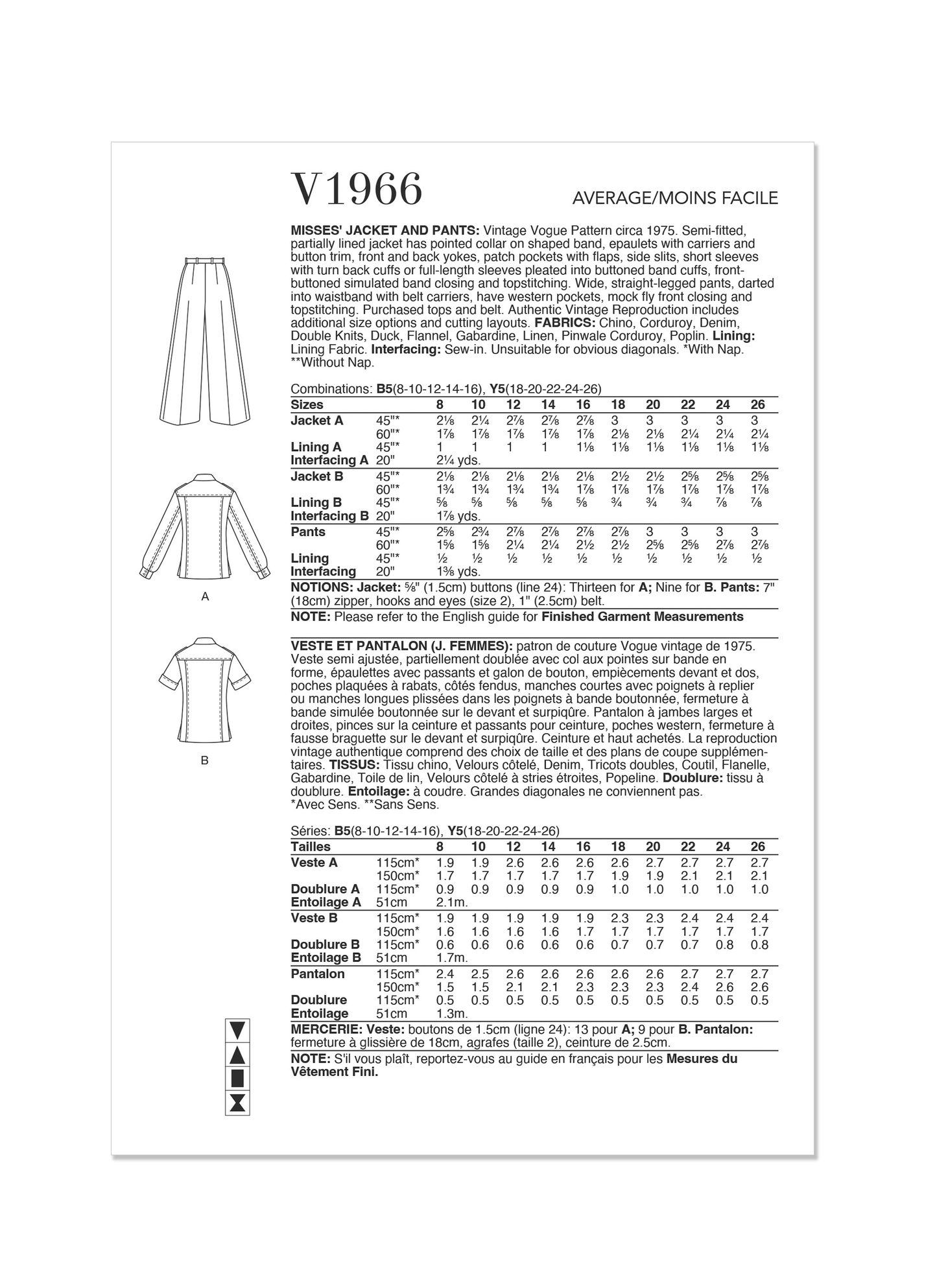 Vogue Patterns V1966 - Bluse Bukser Vintage - Dame
