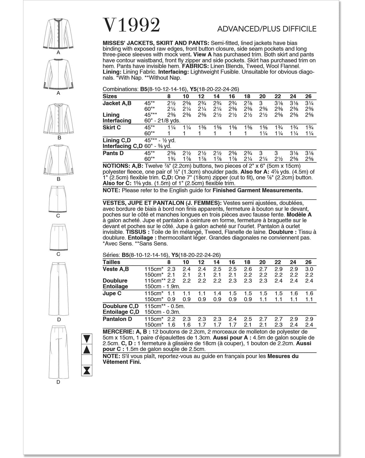 Symønster Vogue Patterns 1992 - Bukser Nederdel Jakke - Dame - Business | Billede 3