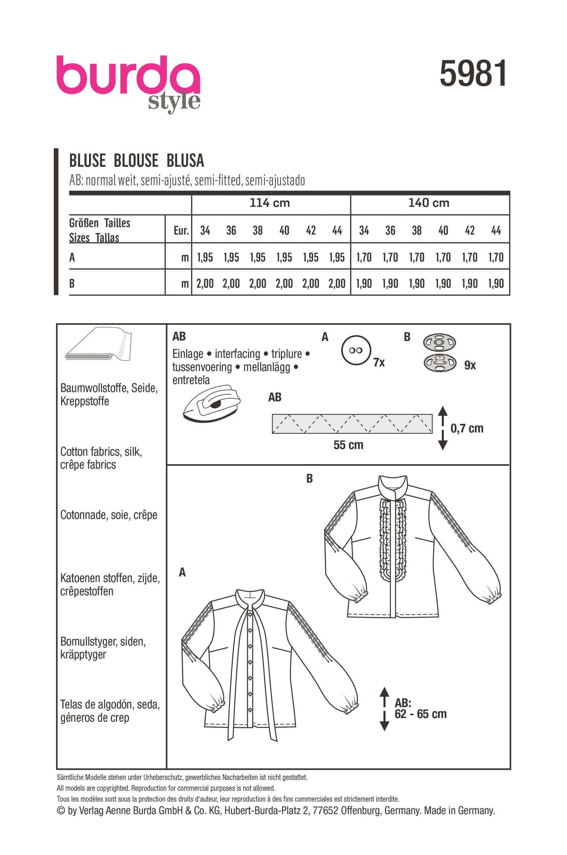 Symønster Burda 5981 - Bluse Skjorte - Dame | Billede 7