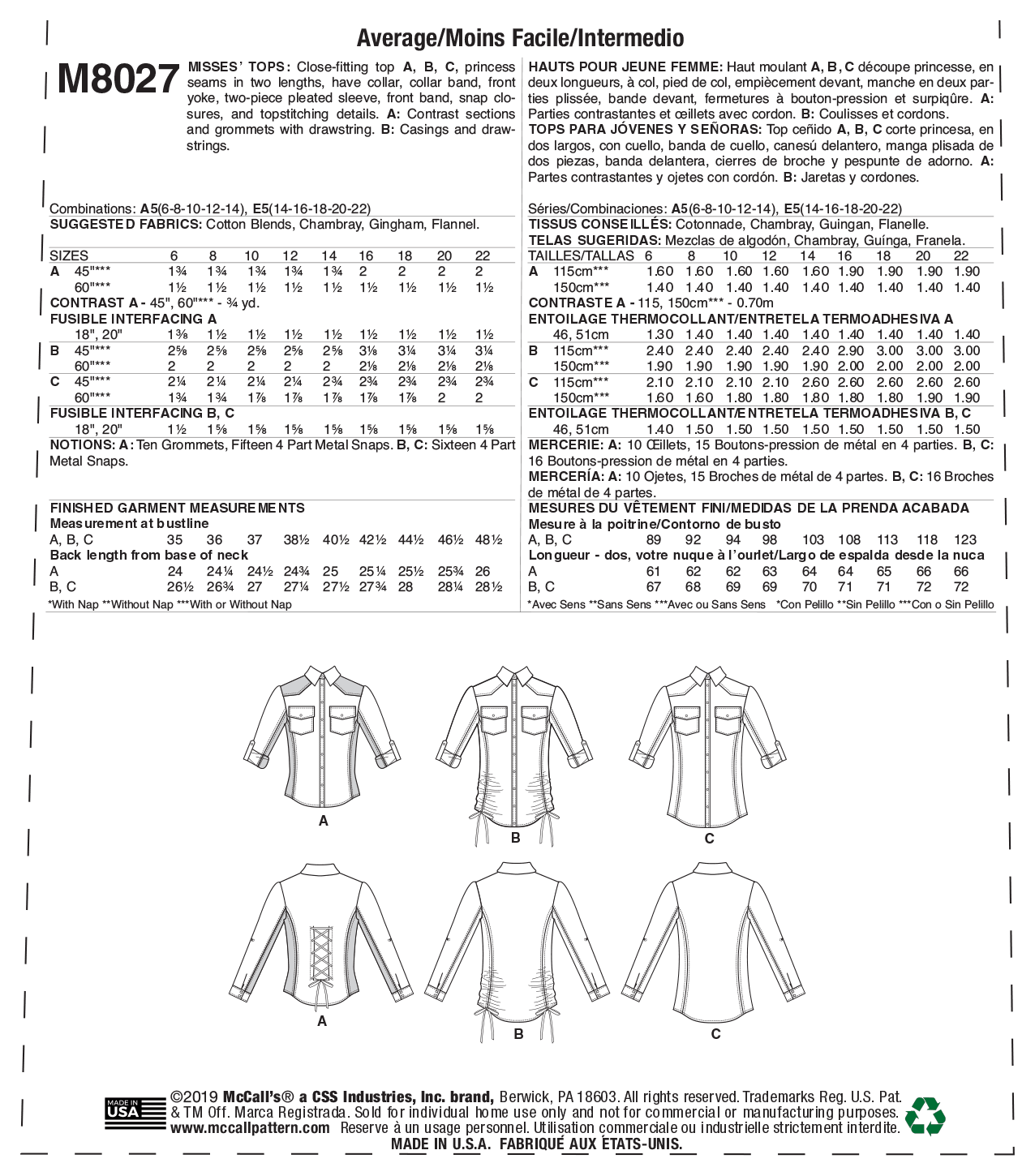 Symønster McCall´s 8027 - Bluse Skjorte - Dame | Billede 3