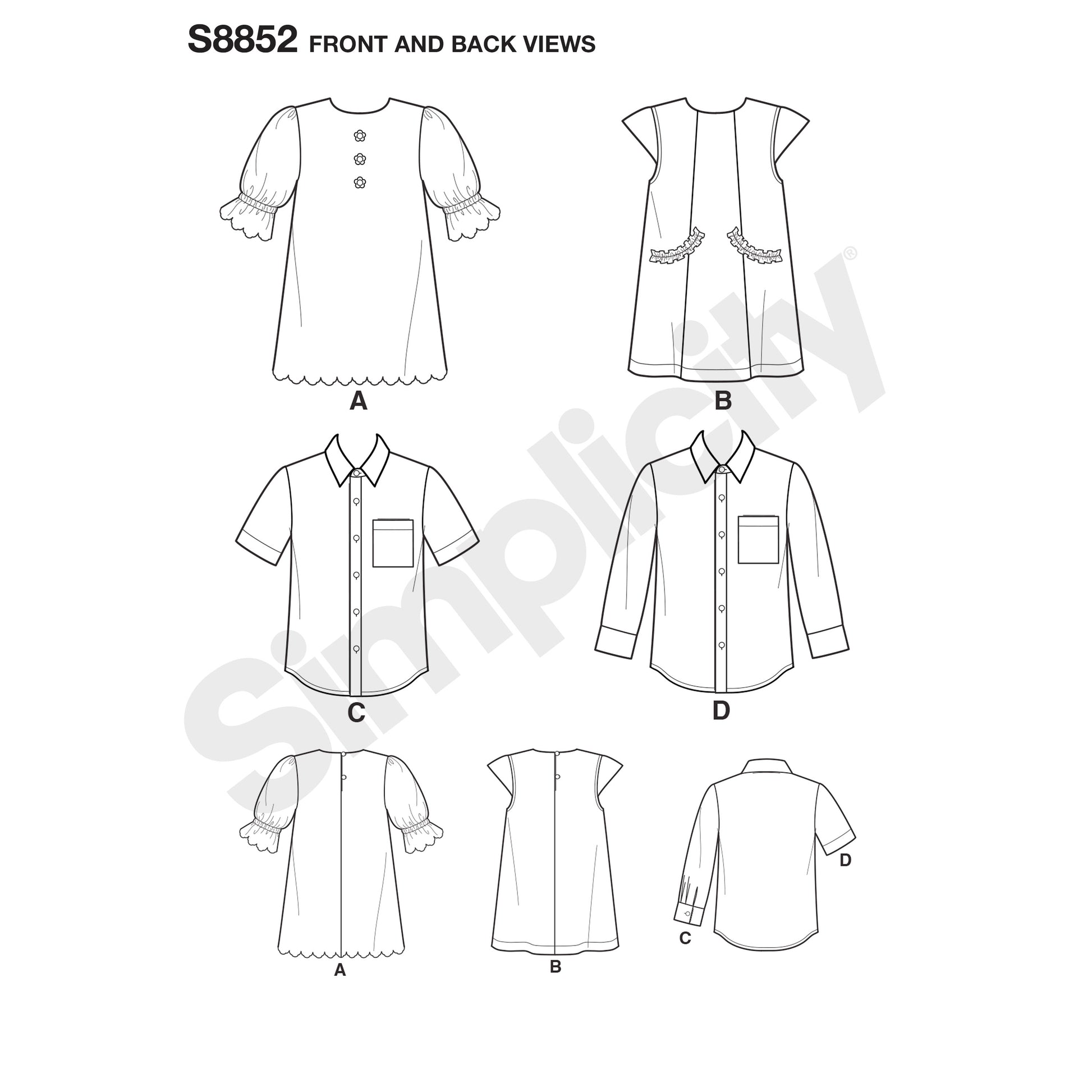 Symønster Simplicity 8852 - Kjole Skjorte - Pige Dreng | Billede 5