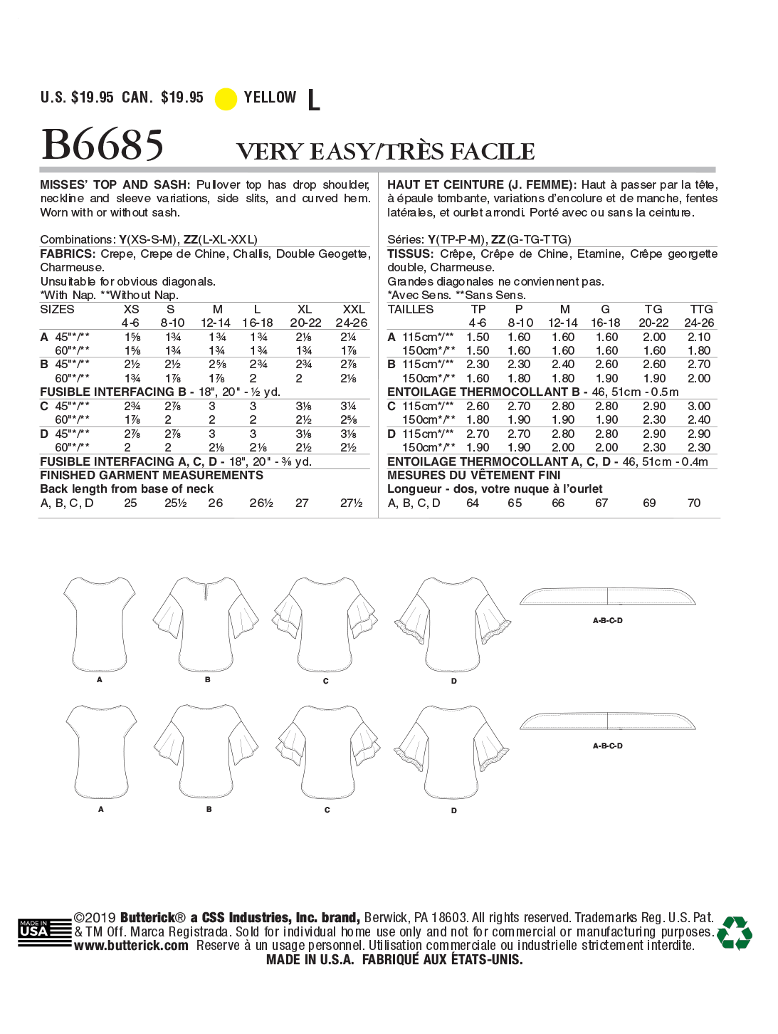 Symønster Butterick 6685 - Top Trøje - Dame | Billede 5