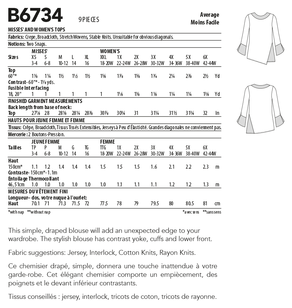Butterick 6734 - Top Trøje - Dame