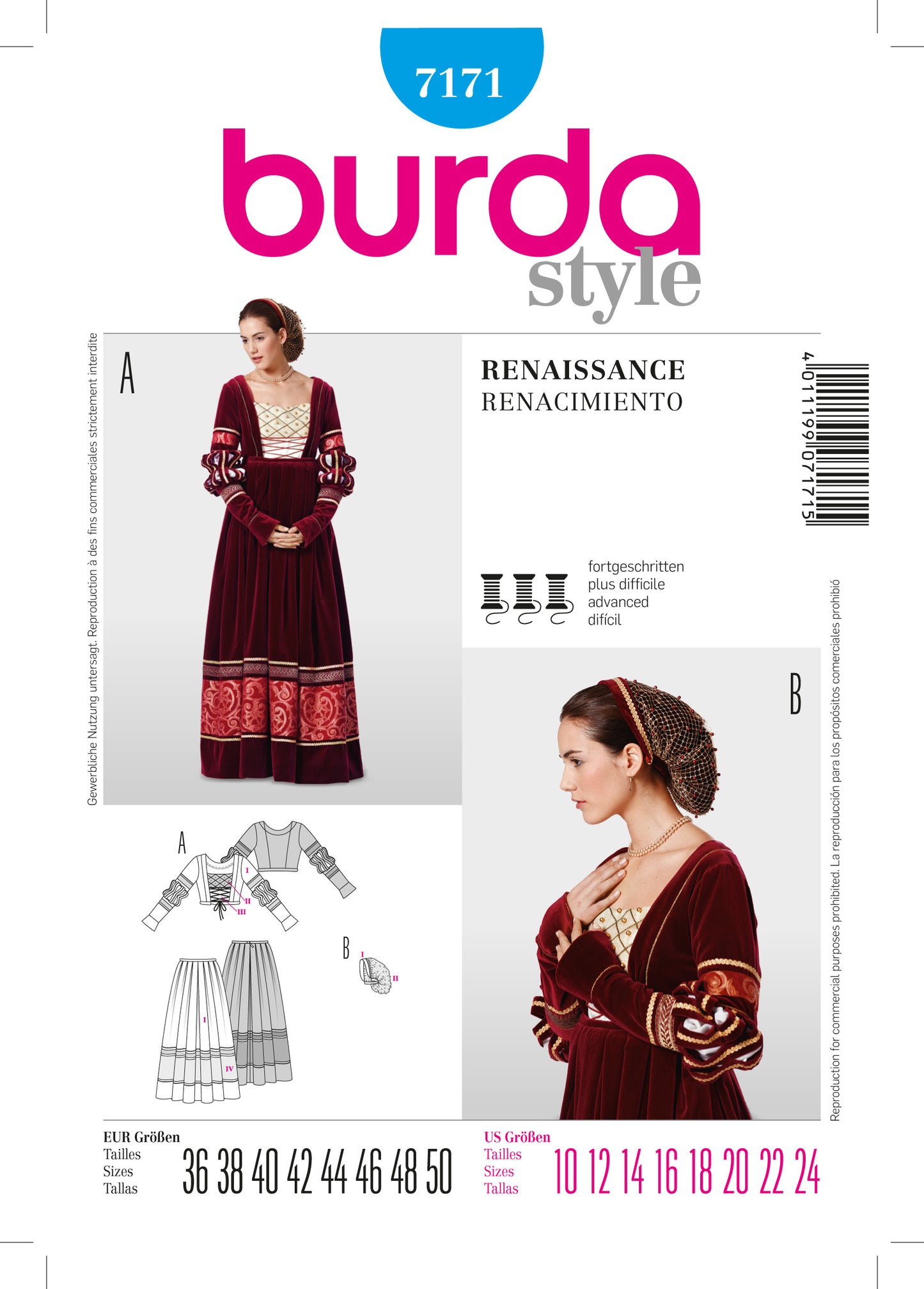 Symønster Burda 7171 - Nederdel Kjole Bluse Kostume - Dame - Karneval | Billede 3