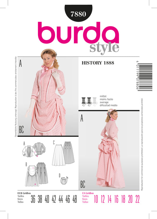 Symønster PDF symønster - Burda 7880 - Historisk kostume Jakke Nederdel Kjole - Dame | Billede 1