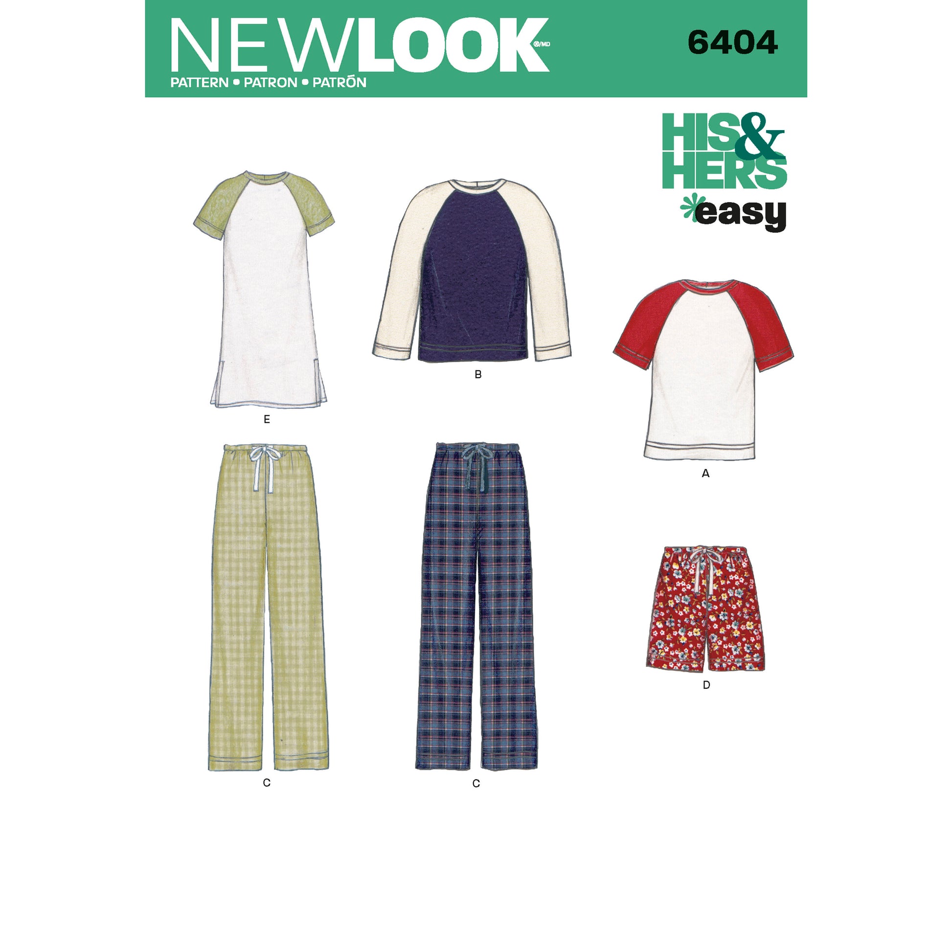 Symønster New Look 6404 - Top Bukser Skjorte Pyjamas - Dame Herre | Køb online hos
