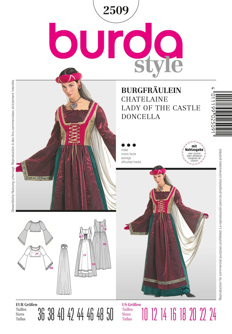 Symønster PDF symønster - Burda 2509 - Bluse Forklæde Kjole Kostume - Dame - Karneval | Billede 1