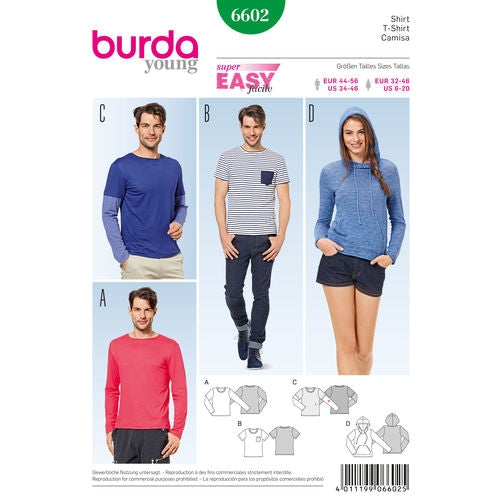 Symønster Burda 6602 - Skjorte Top - Dame Herre - Casual Idræt | Billede 1